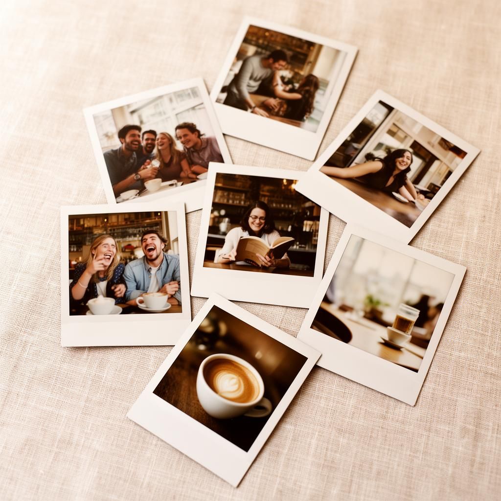Polaroid-Wand mit Aufnahmen von Gästen bei POUR. coffee and more in München